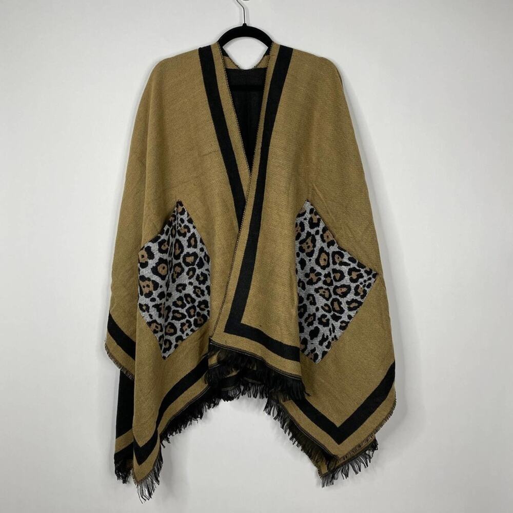Mustard Leopard Pocket Wrap Shawl with Black Trim - Picture 2 of 8